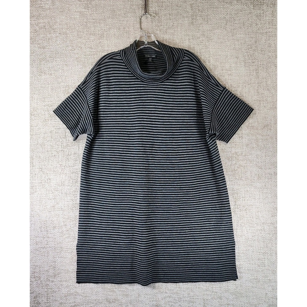 Eileen Fisher Merino Wool Striped Tunic Dress Womens XL Black Gray Cowl Neck